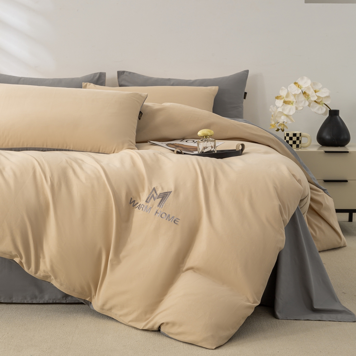 91家纺网 家纺一手货源 找家纺 憨豆家纺 2025新款秋冬全棉加厚磨毛四件套纯棉床单被套床笠纯色三件套（提供买家秀） 梦境--卡其深灰