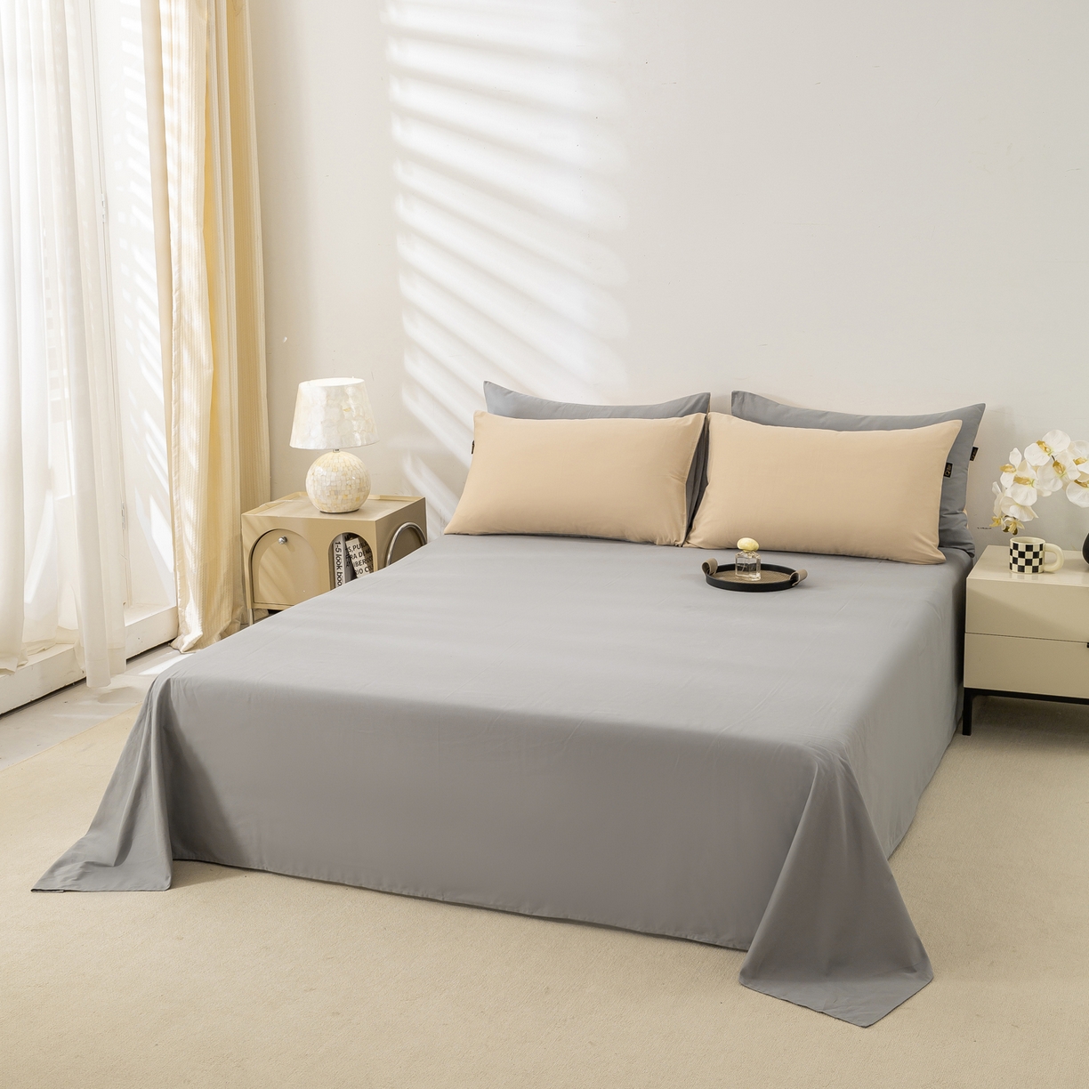 91家纺网 家纺一手货源 找家纺 憨豆家纺 2025新款秋冬全棉加厚磨毛四件套纯棉床单被套床笠纯色三件套（提供买家秀） 梦境--卡其深灰