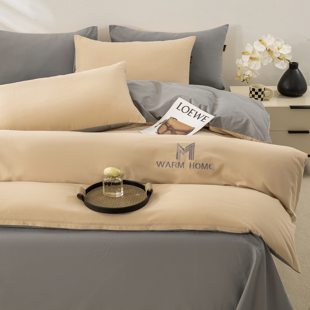 91家纺网 家纺一手货源 找家纺 沃尔居 2025新款秋冬全棉加厚磨毛四件套纯棉床单被套床笠纯色三件套（提供买家秀） 梦境--卡其深灰