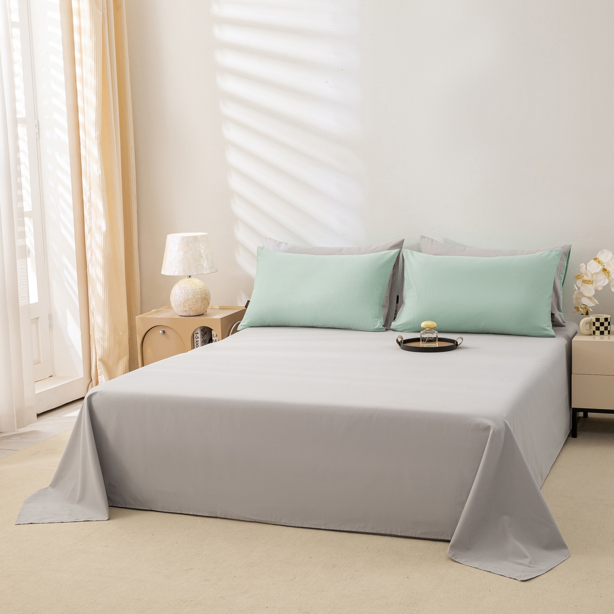 91家纺网 家纺一手货源 找家纺 沃尔居 2025新款秋冬全棉加厚磨毛四件套纯棉床单被套床笠纯色三件套（提供买家秀） 梦境--香草银灰