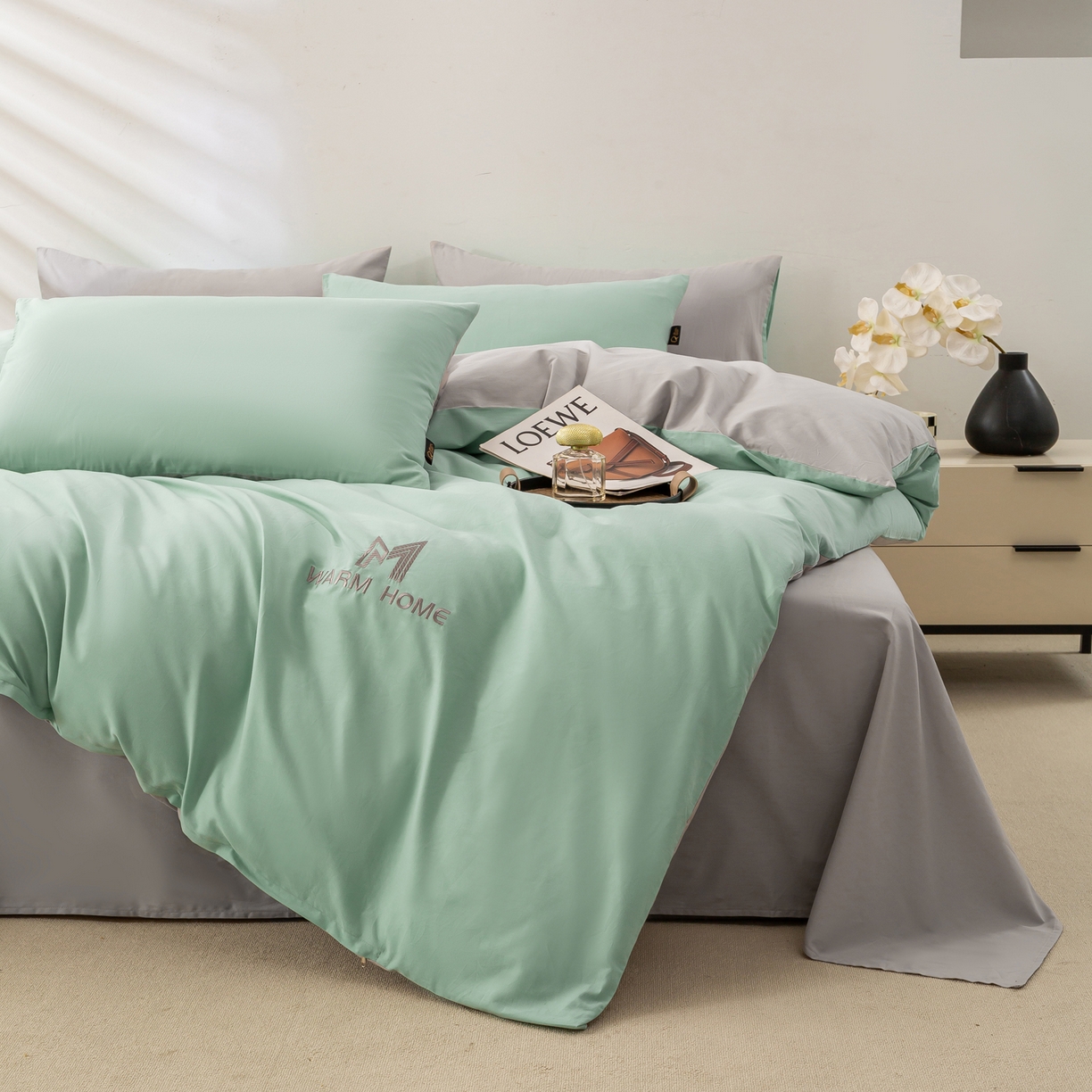 91家纺网 家纺一手货源 找家纺 沃尔居 2025新款秋冬全棉加厚磨毛四件套纯棉床单被套床笠纯色三件套（提供买家秀） 梦境--香草银灰