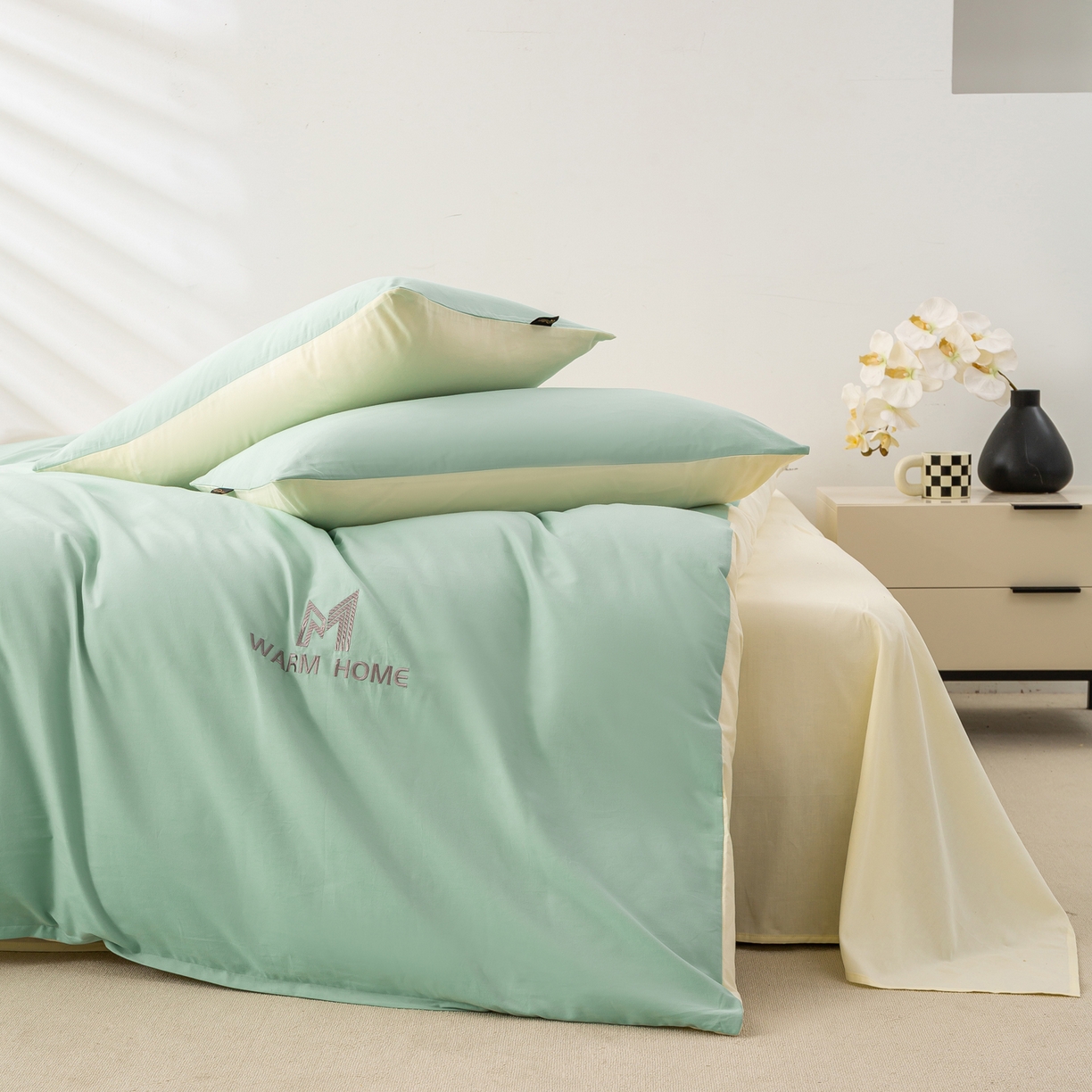 91家纺网 家纺一手货源 找家纺 沃尔居 2025新款秋冬全棉加厚磨毛四件套纯棉床单被套床笠纯色三件套（提供买家秀） 梦境--香草奶白