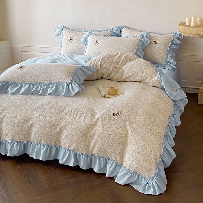 91家纺网 家纺一手货源 找家纺 梦舒羽2025新款波点花边四件套-宁静花园 宁静花园-繁星蓝