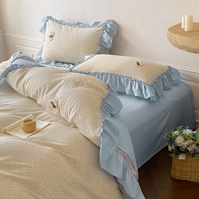 91家纺网 家纺一手货源 找家纺 梦舒羽2025新款波点花边四件套-宁静花园 宁静花园-繁星蓝