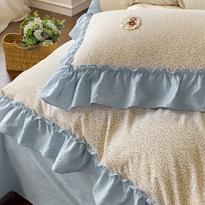 91家纺网 家纺一手货源 找家纺 梦舒羽2025新款波点花边四件套-宁静花园 宁静花园-繁星蓝
