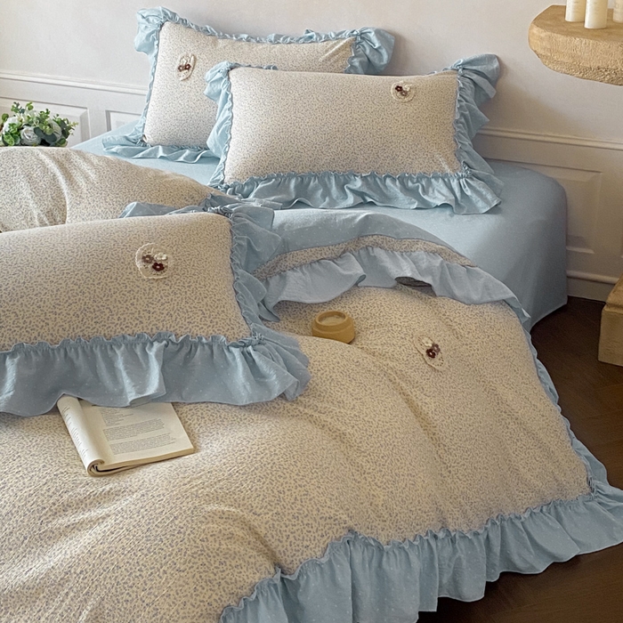 91家纺网 家纺一手货源 找家纺 梦舒羽2025新款波点花边四件套-宁静花园 宁静花园-繁星蓝