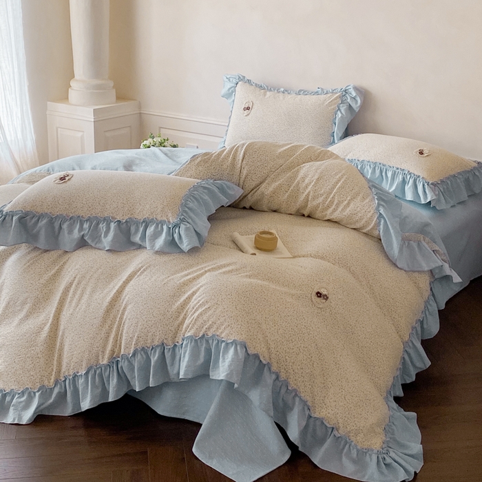 91家纺网 家纺一手货源 找家纺 梦舒羽2025新款波点花边四件套-宁静花园 宁静花园-繁星蓝