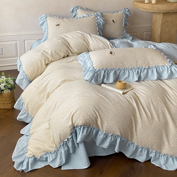 91家纺网 家纺一手货源 找家纺 梦舒羽2025新款波点花边四件套-宁静花园 宁静花园-繁星蓝