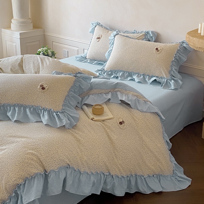 91家纺网 家纺一手货源 找家纺 梦舒羽2025新款波点花边四件套-宁静花园 宁静花园-繁星蓝