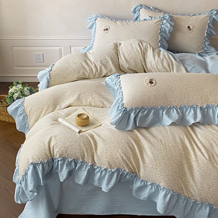 91家纺网 家纺一手货源 找家纺 梦舒羽2025新款波点花边四件套-宁静花园 宁静花园-繁星蓝