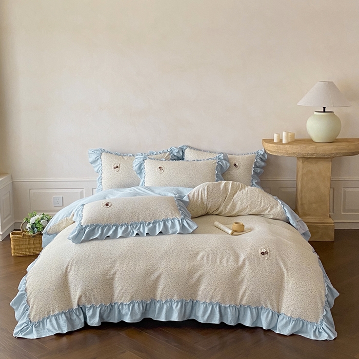 91家纺网 家纺一手货源 找家纺 梦舒羽2025新款波点花边四件套-宁静花园 宁静花园-繁星蓝