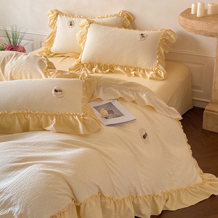 91家纺网 家纺一手货源 找家纺 梦舒羽2025新款波点花边四件套-宁静花园 宁静花园-奶油黄