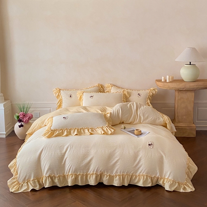 91家纺网 家纺一手货源 找家纺 梦舒羽2025新款波点花边四件套-宁静花园 宁静花园-奶油黄