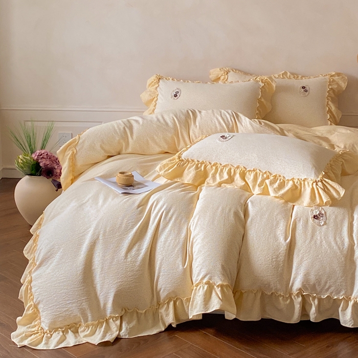 梦舒羽2025新款波点花边四件套-宁静花园 宁静花园-奶油黄