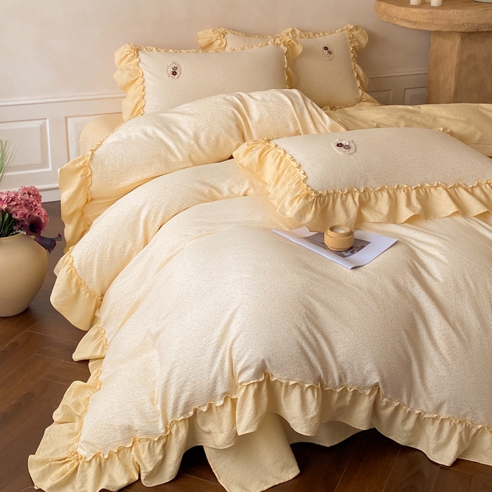 91家纺网 家纺一手货源 找家纺 梦舒羽2025新款波点花边四件套-宁静花园 宁静花园-奶油黄