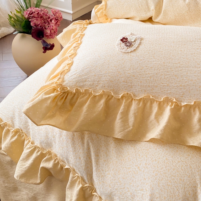 91家纺网 家纺一手货源 找家纺 梦舒羽2025新款波点花边四件套-宁静花园 宁静花园-奶油黄