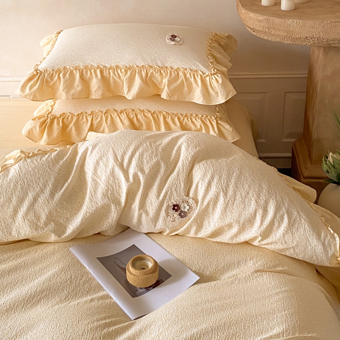 91家纺网 家纺一手货源 找家纺 梦舒羽2025新款波点花边四件套-宁静花园 宁静花园-奶油黄