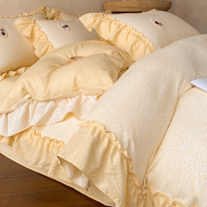 91家纺网 家纺一手货源 找家纺 梦舒羽2025新款波点花边四件套-宁静花园 宁静花园-奶油黄