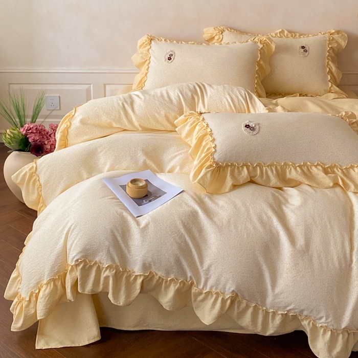 91家纺网 家纺一手货源 找家纺 梦舒羽2025新款波点花边四件套-宁静花园 宁静花园-奶油黄