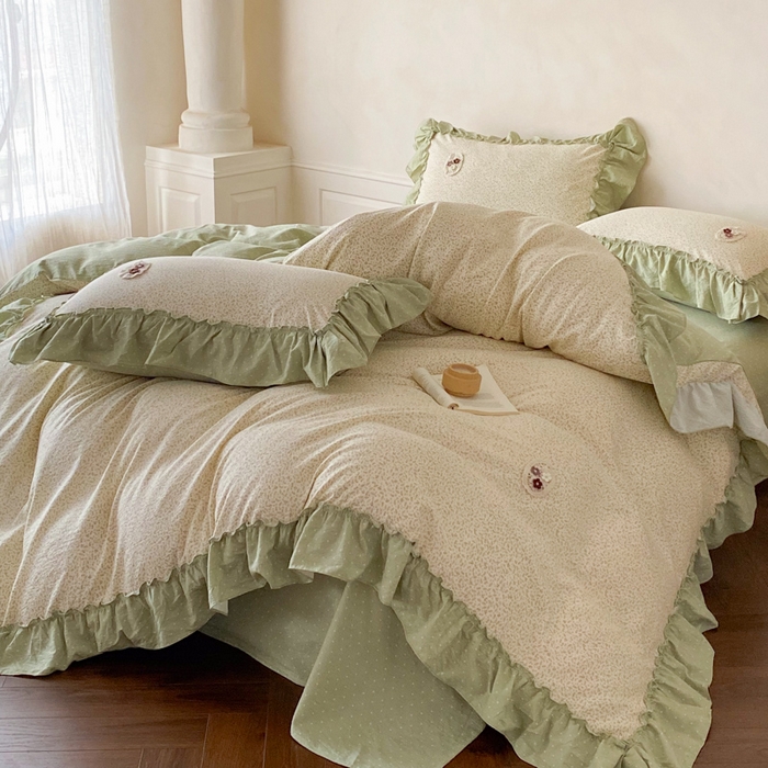 91家纺网 家纺一手货源 找家纺 梦舒羽2025新款波点花边四件套-宁静花园 宁静花园-清风绿