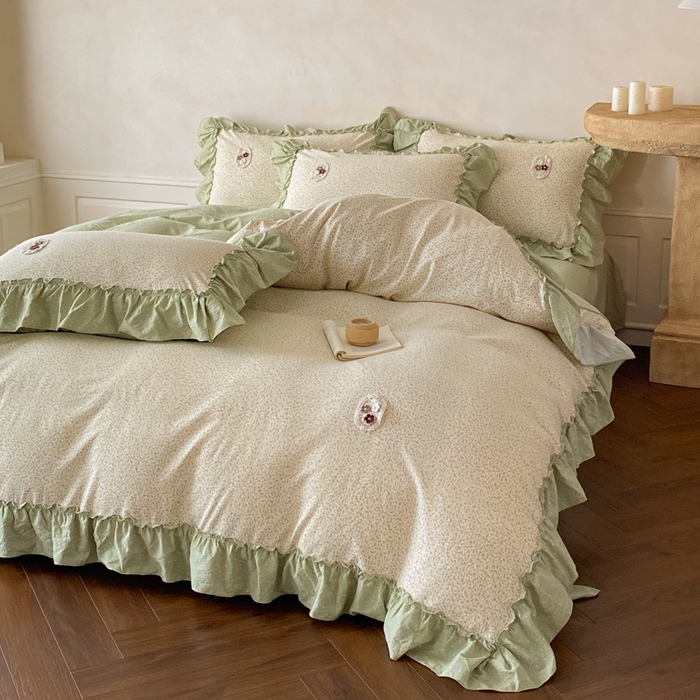 91家纺网 家纺一手货源 找家纺 梦舒羽2025新款波点花边四件套-宁静花园 宁静花园-清风绿