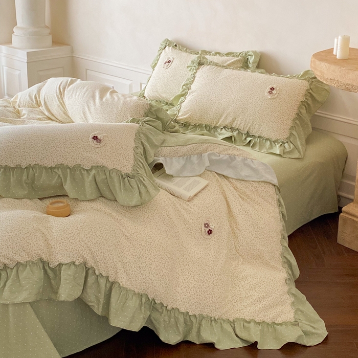 91家纺网 家纺一手货源 找家纺 梦舒羽2025新款波点花边四件套-宁静花园 宁静花园-清风绿