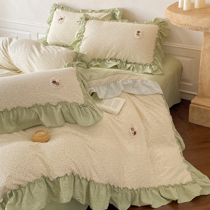 91家纺网 家纺一手货源 找家纺 梦舒羽2025新款波点花边四件套-宁静花园 宁静花园-清风绿