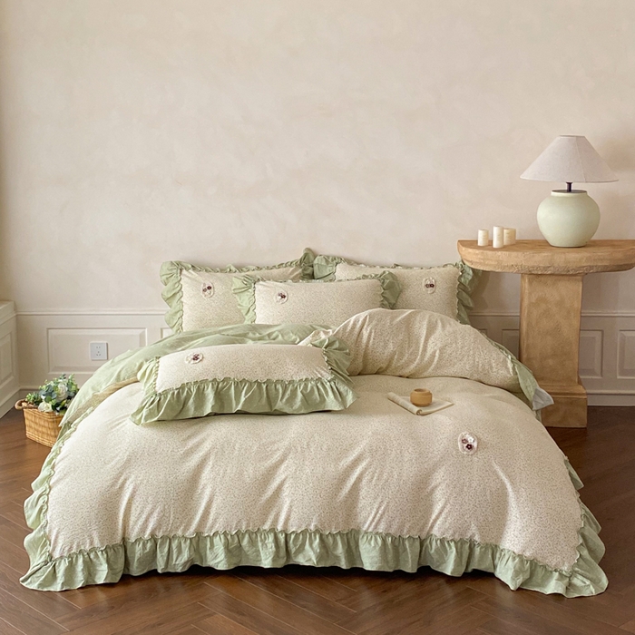 91家纺网 家纺一手货源 找家纺 梦舒羽2025新款波点花边四件套-宁静花园 宁静花园-清风绿