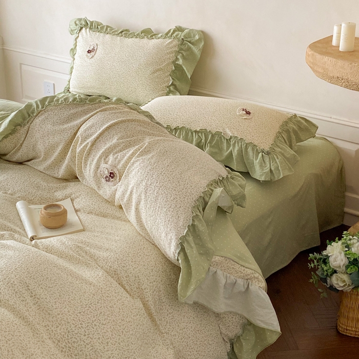 91家纺网 家纺一手货源 找家纺 梦舒羽2025新款波点花边四件套-宁静花园 宁静花园-清风绿