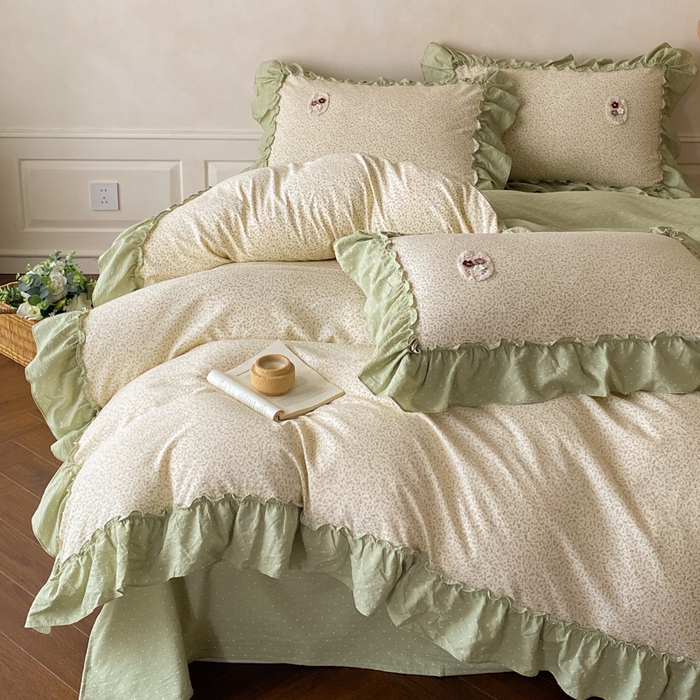 91家纺网 家纺一手货源 找家纺 梦舒羽2025新款波点花边四件套-宁静花园 宁静花园-清风绿