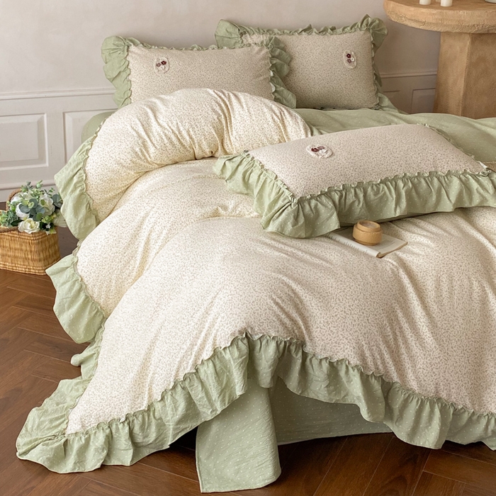 91家纺网 家纺一手货源 找家纺 梦舒羽2025新款波点花边四件套-宁静花园 宁静花园-清风绿