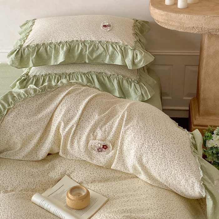 91家纺网 家纺一手货源 找家纺 梦舒羽2025新款波点花边四件套-宁静花园 宁静花园-清风绿