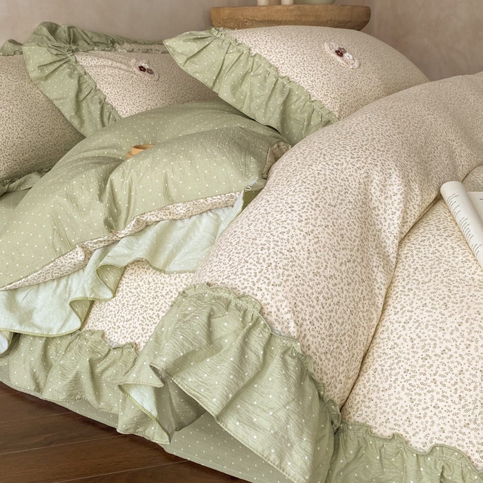 91家纺网 家纺一手货源 找家纺 梦舒羽2025新款波点花边四件套-宁静花园 宁静花园-清风绿