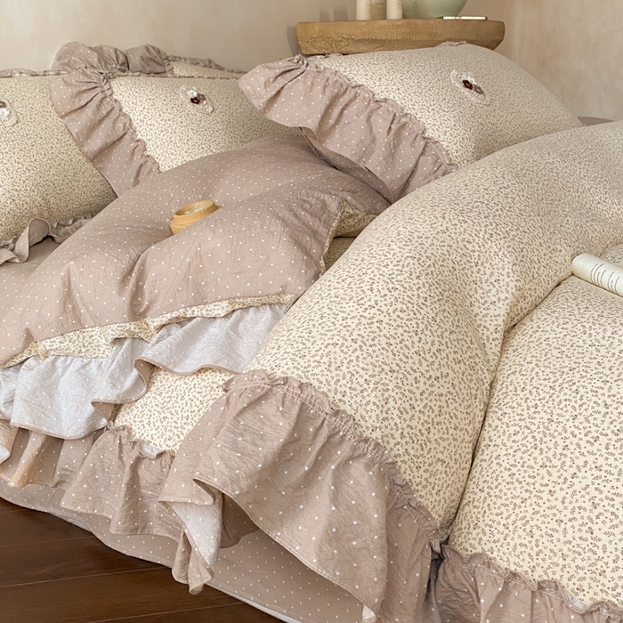 91家纺网 家纺一手货源 找家纺 梦舒羽2025新款波点花边四件套-宁静花园 宁静花园-时尚咖