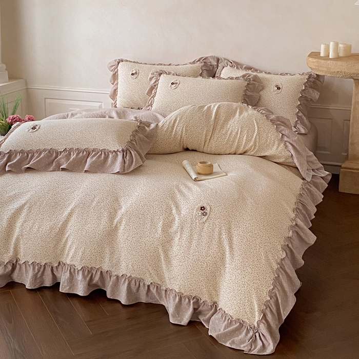 91家纺网 家纺一手货源 找家纺 梦舒羽2025新款波点花边四件套-宁静花园 宁静花园-时尚咖