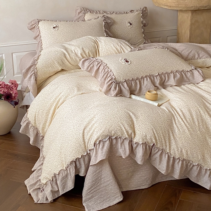 91家纺网 家纺一手货源 找家纺 梦舒羽2025新款波点花边四件套-宁静花园 宁静花园-时尚咖