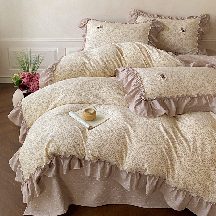 91家纺网 家纺一手货源 找家纺 梦舒羽2025新款波点花边四件套-宁静花园 宁静花园-时尚咖