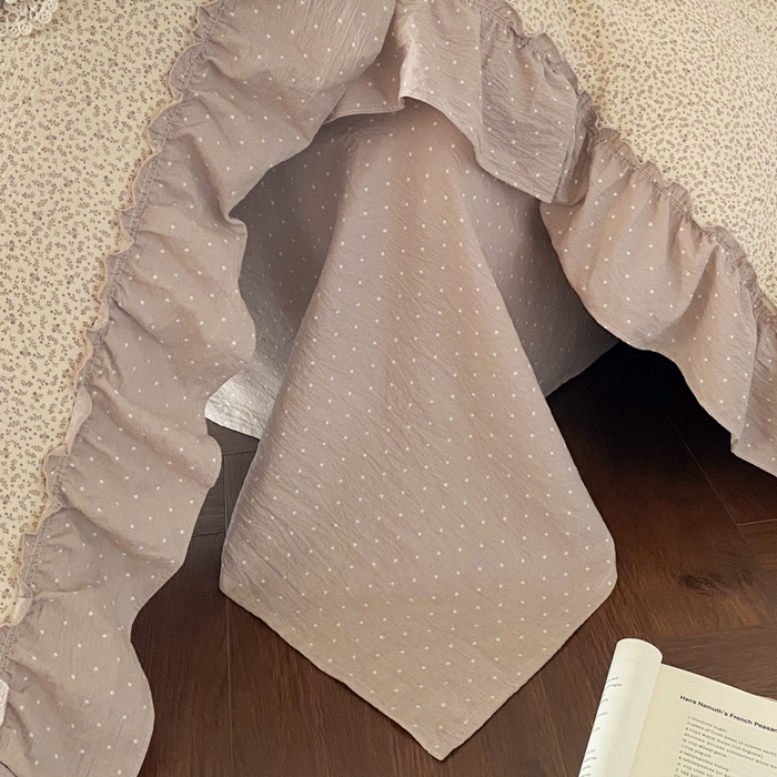 91家纺网 家纺一手货源 找家纺 梦舒羽2025新款波点花边四件套-宁静花园 宁静花园-时尚咖