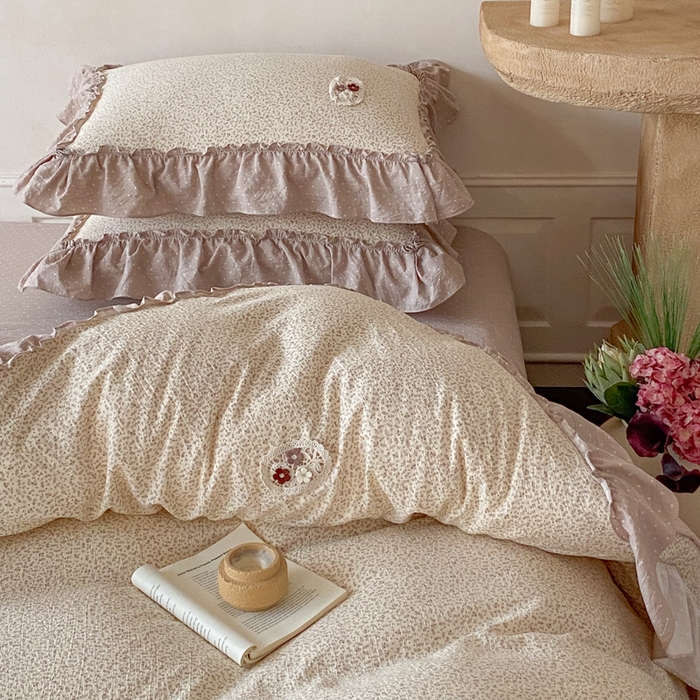 91家纺网 家纺一手货源 找家纺 梦舒羽2025新款波点花边四件套-宁静花园 宁静花园-时尚咖