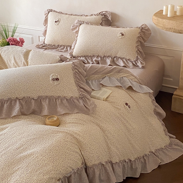 91家纺网 家纺一手货源 找家纺 梦舒羽2025新款波点花边四件套-宁静花园 宁静花园-时尚咖