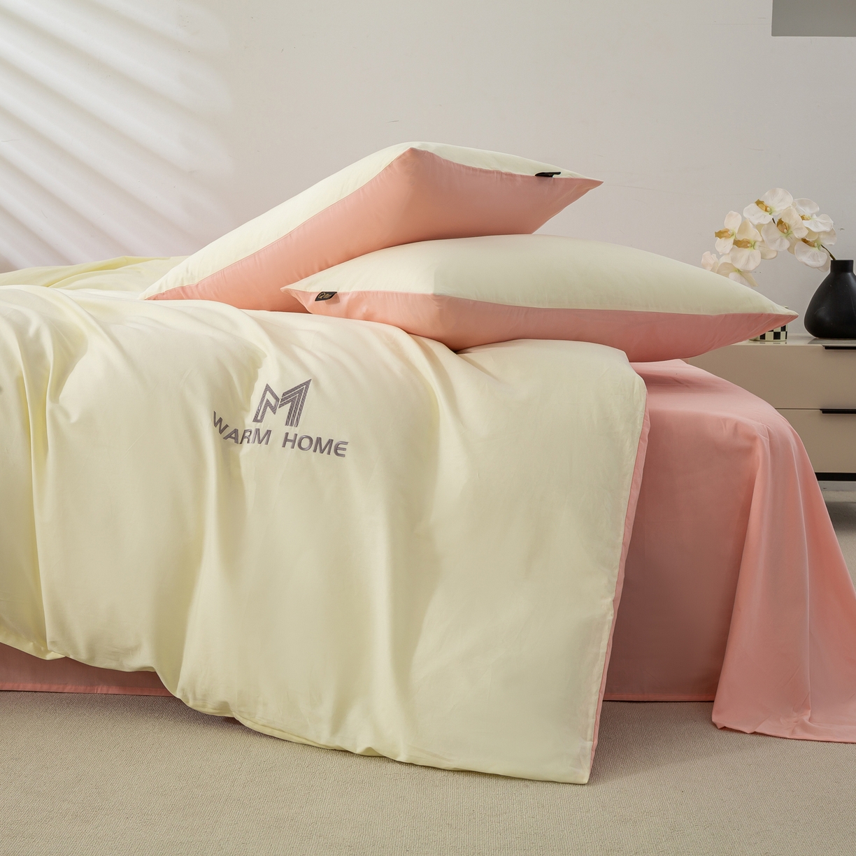 91家纺网 家纺一手货源 找家纺 沃尔居 2025新款秋冬全棉加厚磨毛四件套纯棉床单被套床笠纯色三件套（提供买家秀） 梦境--康乃馨粉