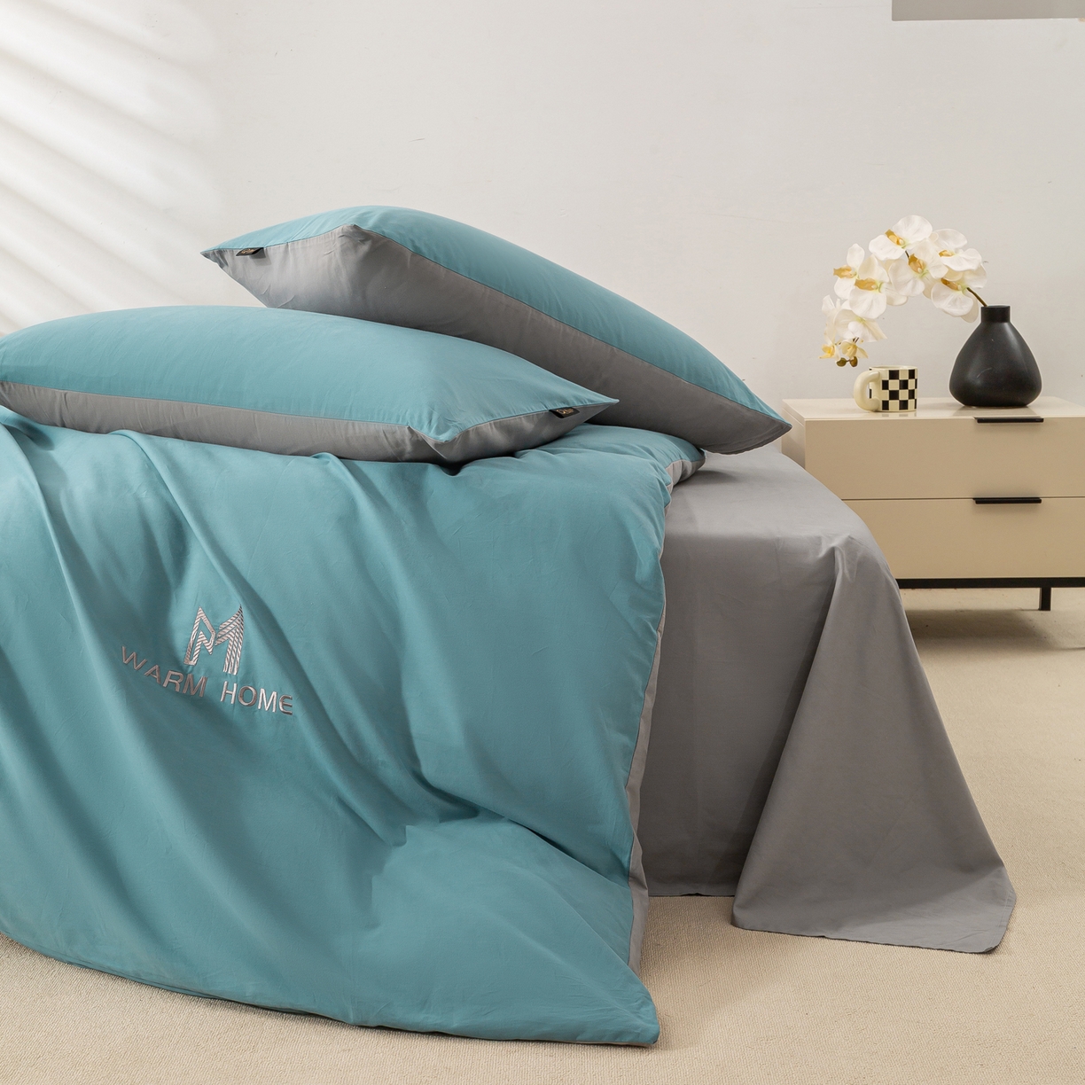 91家纺网 家纺一手货源 找家纺 沃尔居 2025新款秋冬全棉加厚磨毛四件套纯棉床单被套床笠纯色三件套（提供买家秀） 梦境--远山雾蓝