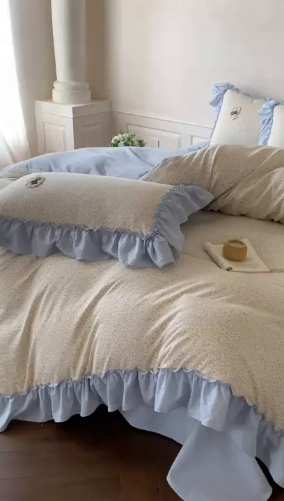 91家纺网 家纺一手货源 找家纺 梦舒羽2025新款波点花边四件套-宁静花园 宁静花园-繁星蓝