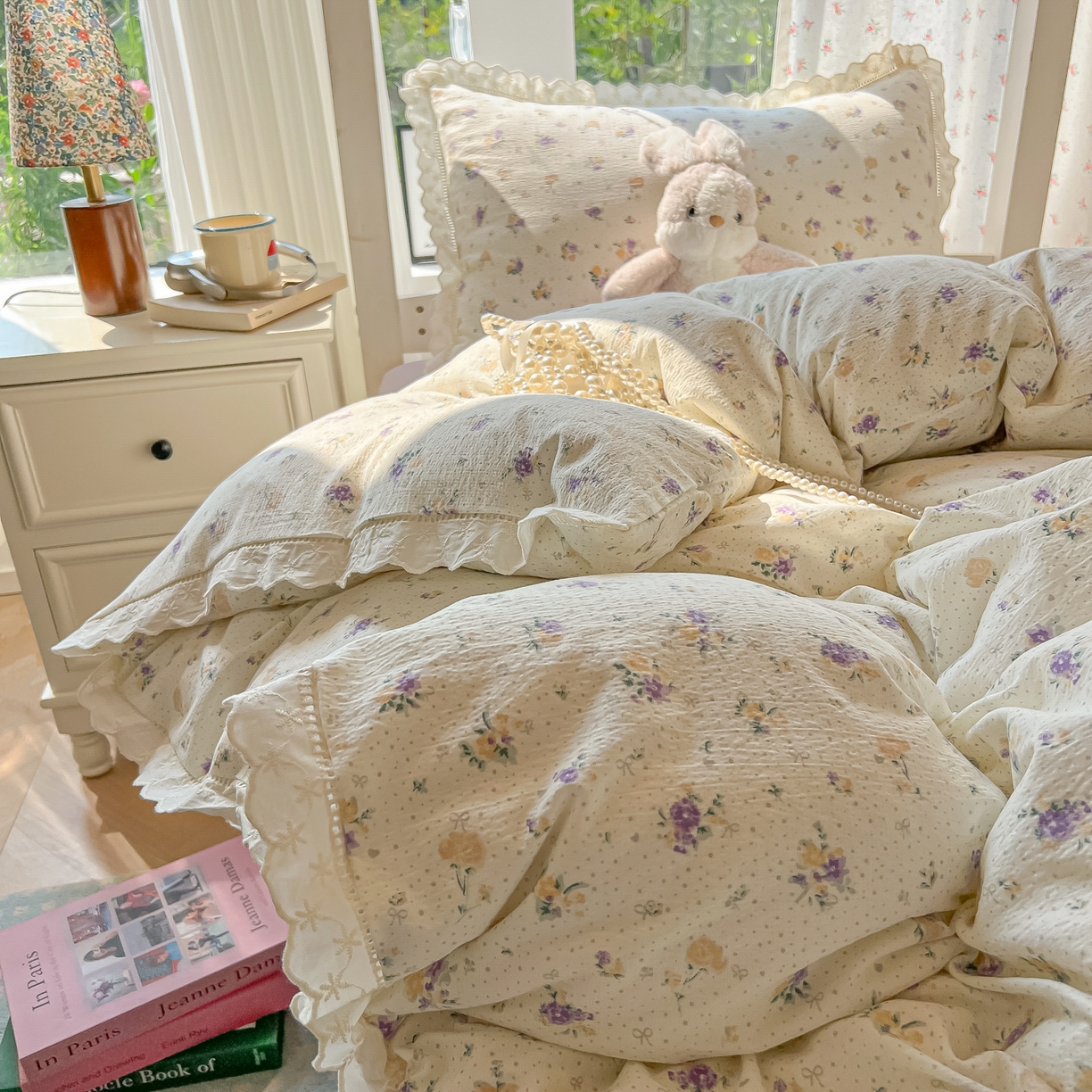 91家纺网 家纺一手货源 找家纺 韩巢家纺 2025新款学生宿舍三件套上下铺学生季开学季床品 镂空花边款-紫叮兰语