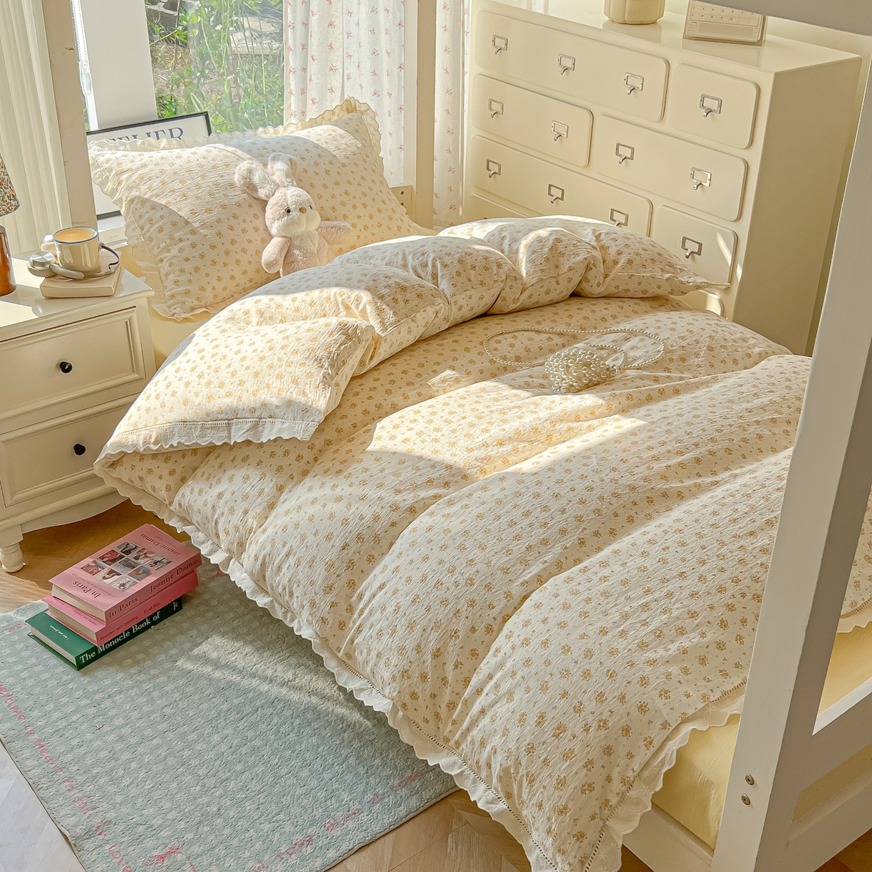 91家纺网 家纺一手货源 找家纺 韩巢家纺 2025新款学生宿舍三件套上下铺学生季开学季床品 镂空花边款-橘子海