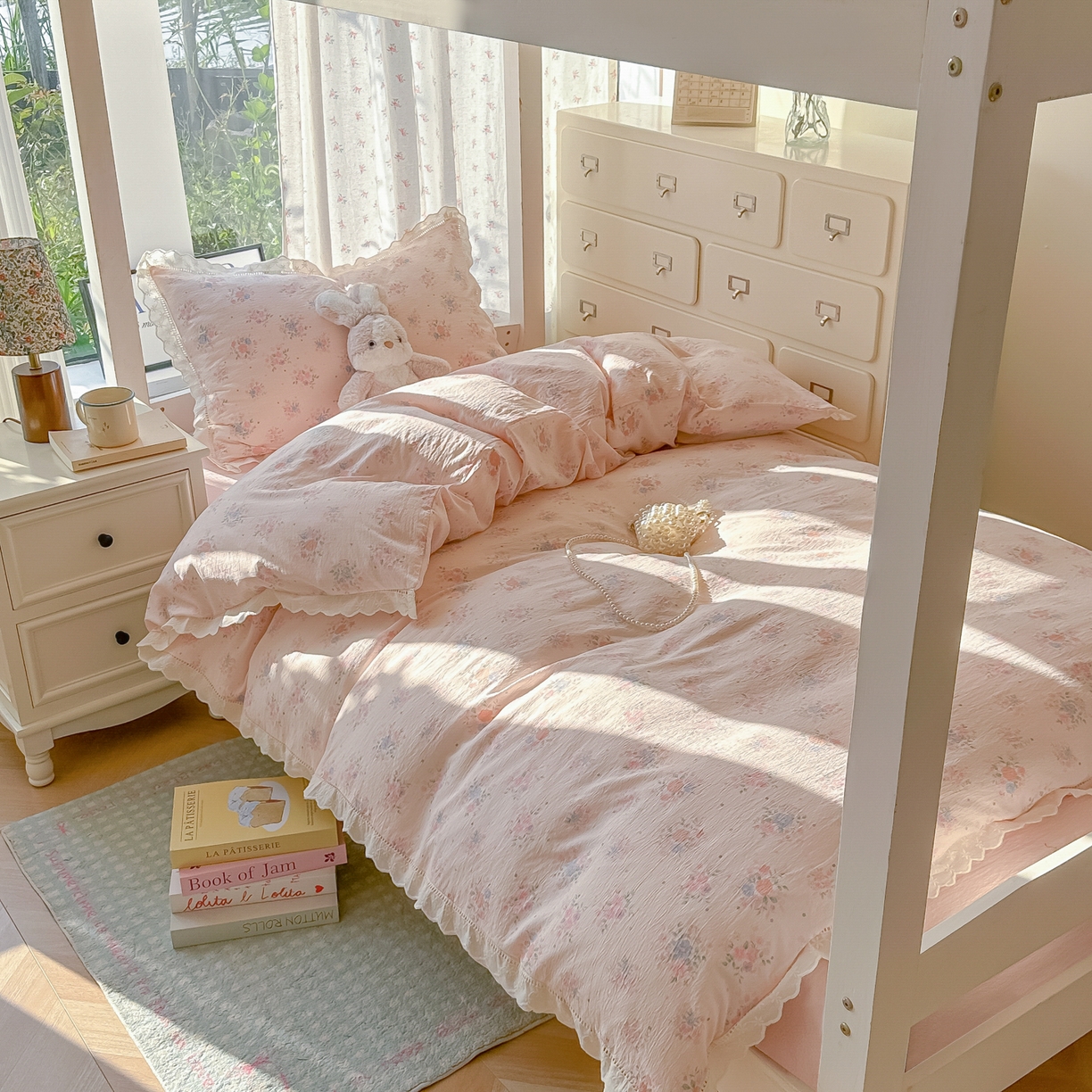 91家纺网 家纺一手货源 找家纺 韩巢家纺 2025新款学生宿舍三件套上下铺学生季开学季床品 镂空花边款-芊芊花海