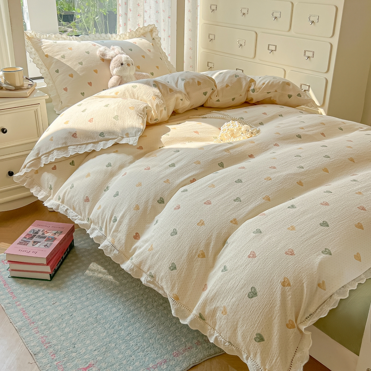 91家纺网 家纺一手货源 找家纺 韩巢家纺 2025新款学生宿舍三件套上下铺学生季开学季床品 镂空花边款-浪漫世界