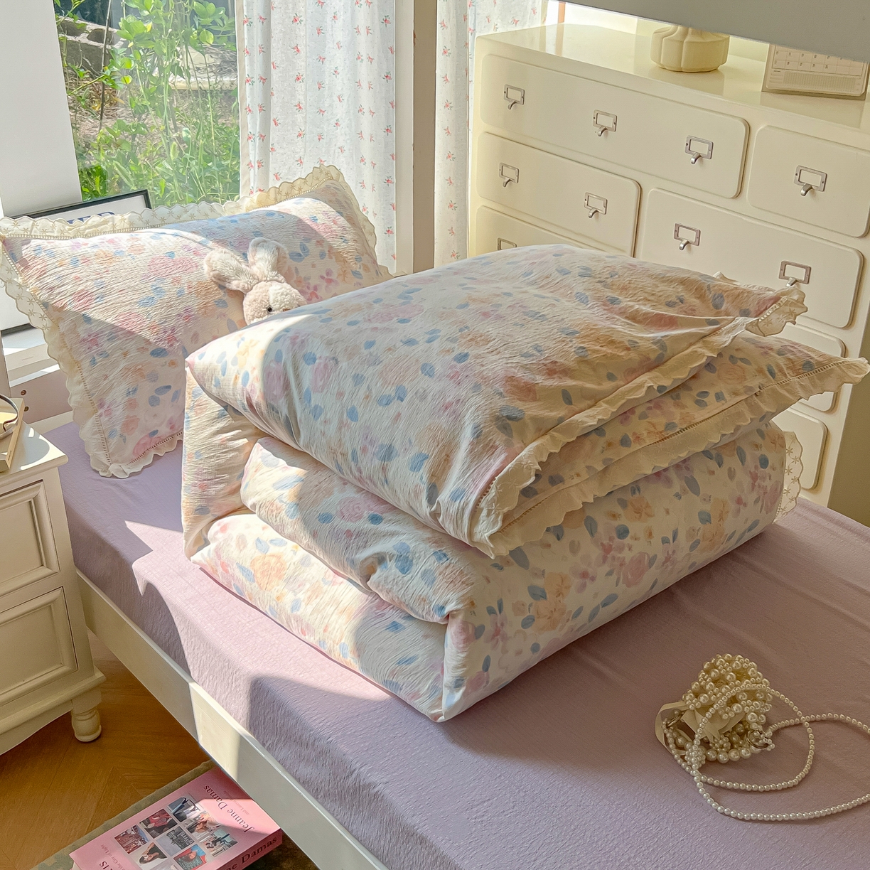 韩巢家纺 2025新款学生宿舍三件套上下铺学生季开学季床品 镂空花边款-时间画报-米