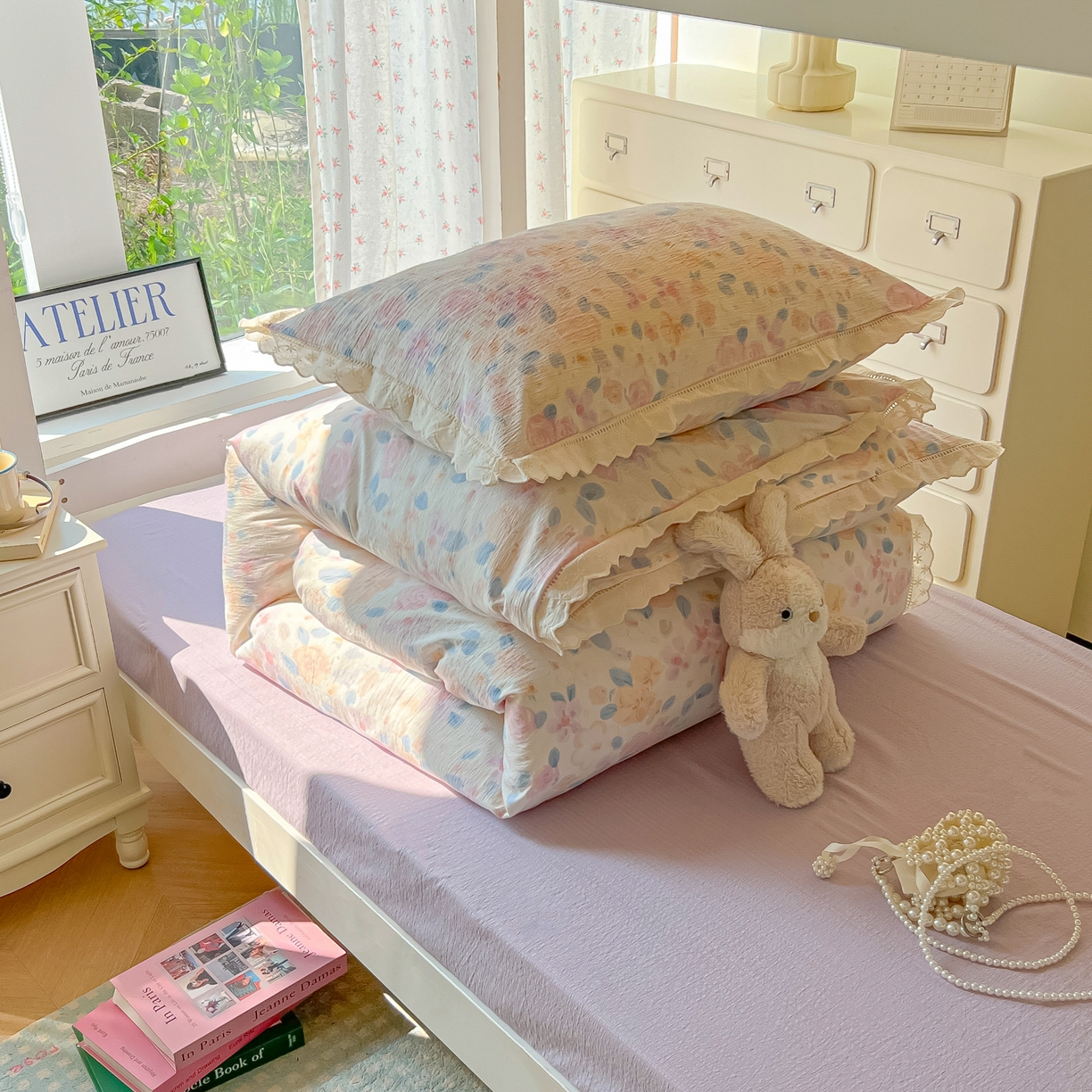 91家纺网 家纺一手货源 找家纺 韩巢家纺 2025新款学生宿舍三件套上下铺学生季开学季床品 镂空花边款-时间画报-米