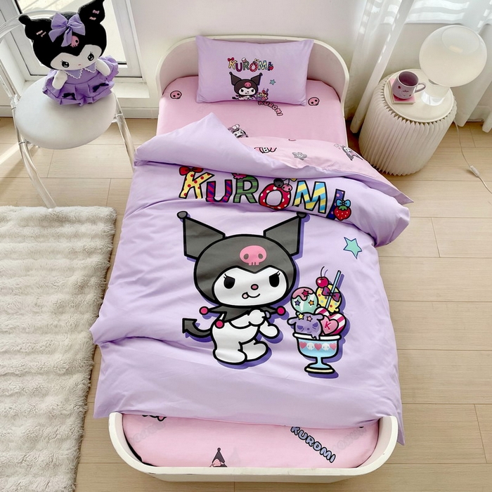 91家纺网 家纺一手货源 找家纺 蘭菲家纺 2025新款学生季全棉幼儿园三丽鸥三件套大版系列 果茶